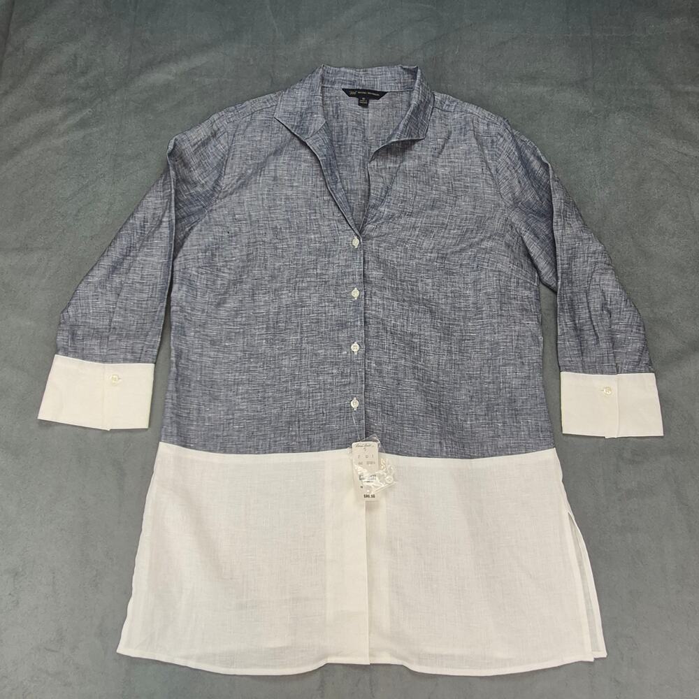 Brooks Brothers 346 Casual Linen Two Tone Tunic Top Blue & White Womens 10